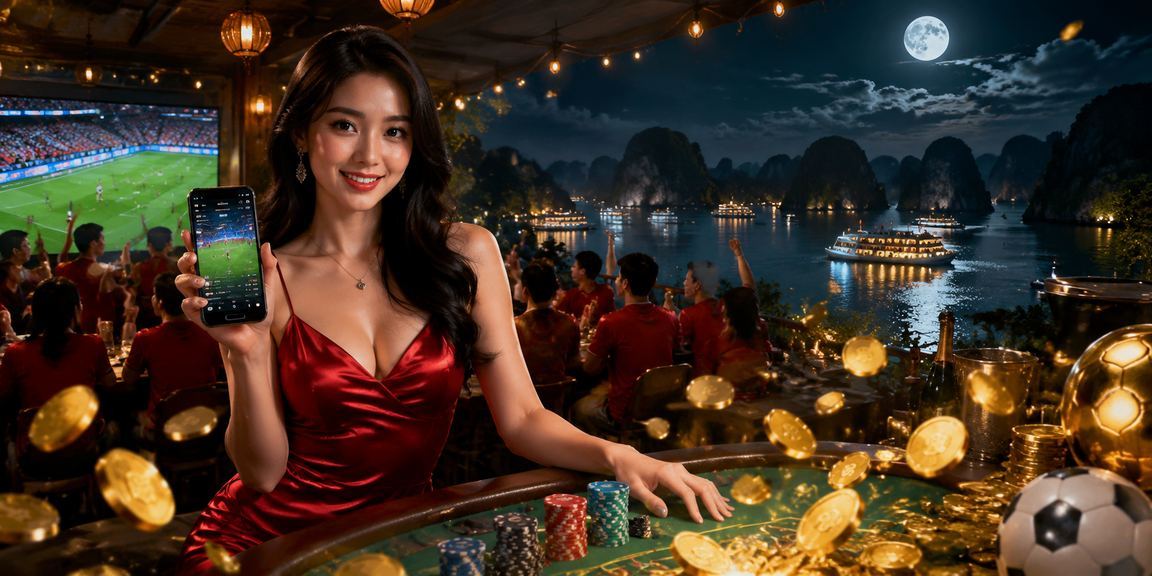 Người dùng Hạ Long theo dõi kèo bóng đá trên điện thoại di động bên vịnh biển