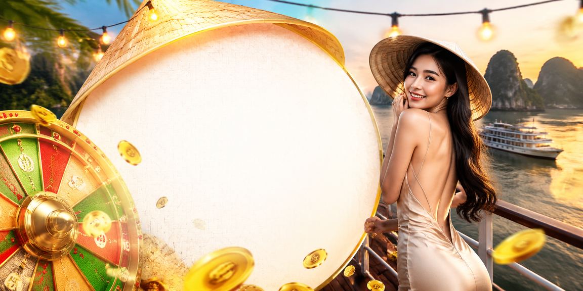 Khung cảnh vịnh Hạ Long kết hợp hình ảnh nón lá và roulette gợi nét văn hóa Việt trong giải trí